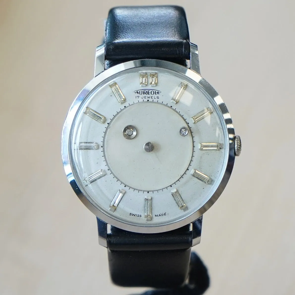 1960s AUREOLE Mystery Dial Watch 17 Jewels Diamond Dial Wristwatch Swiss Made