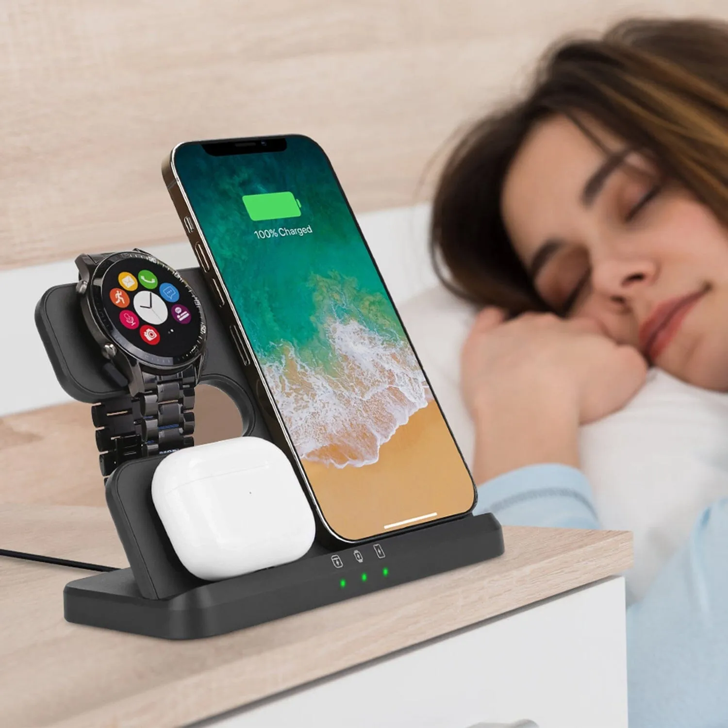 3-in-1 Fast Wireless Charger for Qi-enable Phones, Earphones and Watches