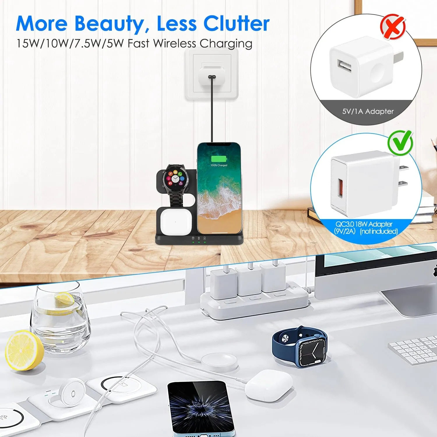 3-in-1 Fast Wireless Charger for Qi-enable Phones, Earphones and Watches