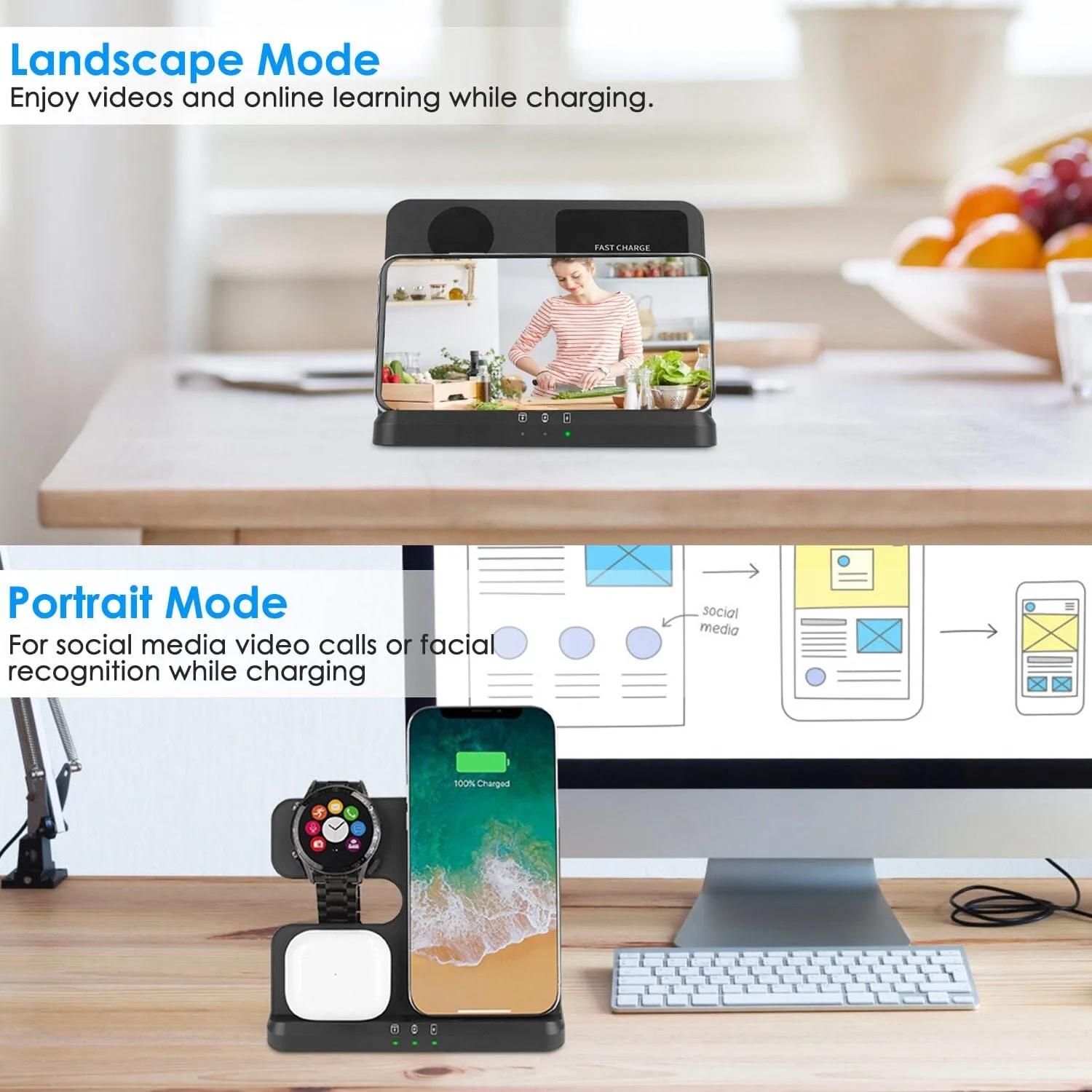 3-in-1 Fast Wireless Charger for Qi-enable Phones, Earphones and Watches