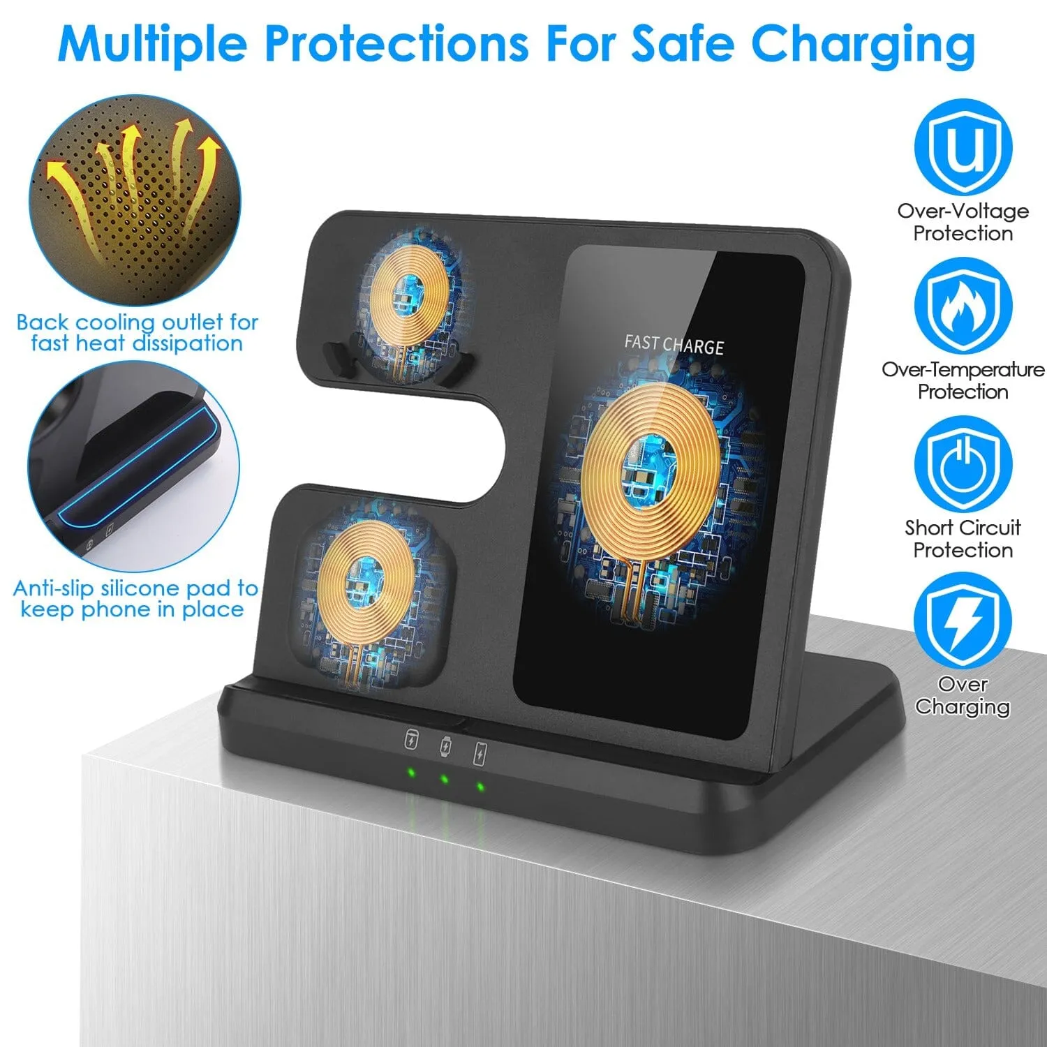 3-in-1 Fast Wireless Charger for Qi-enable Phones, Earphones and Watches