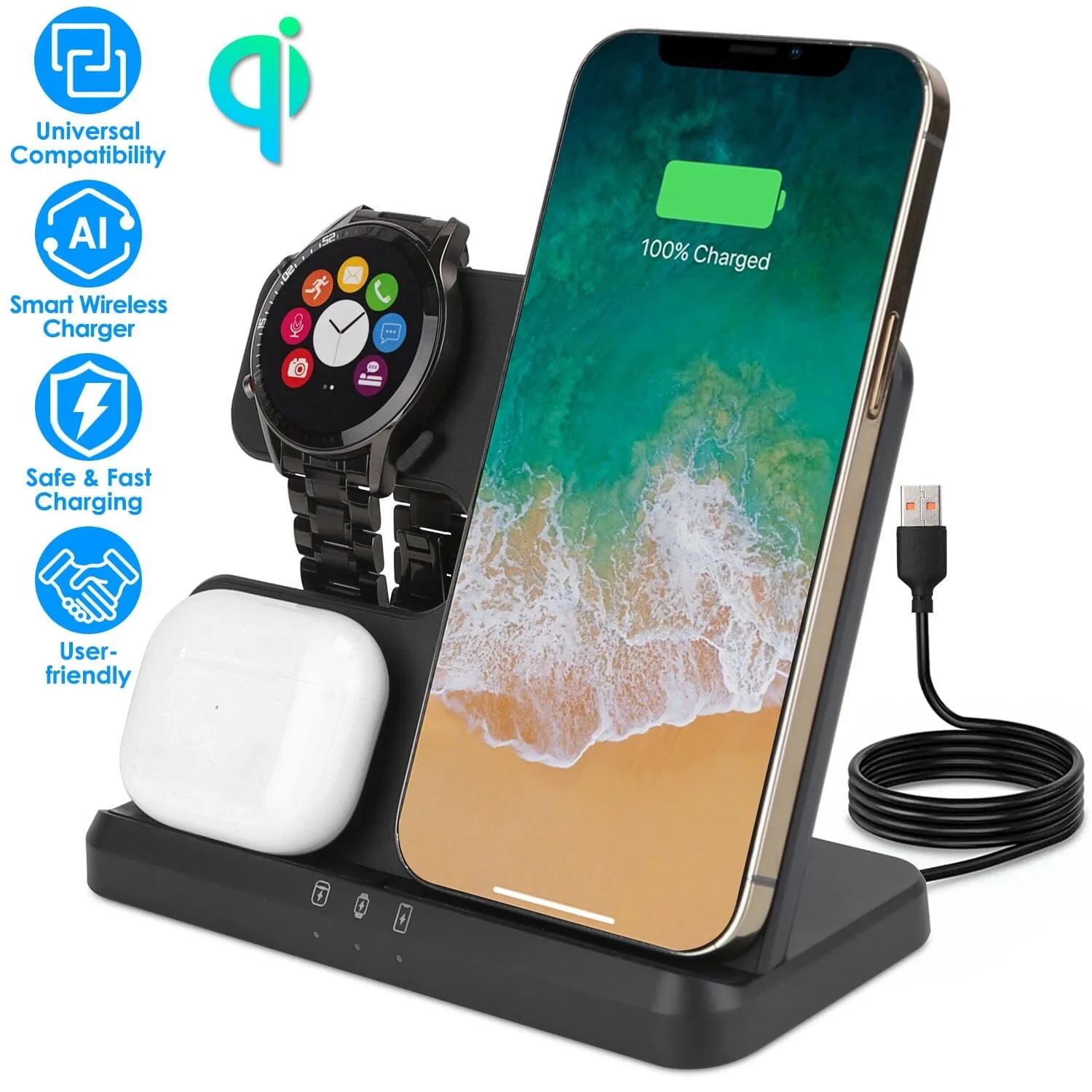 3-in-1 Fast Wireless Charger for Qi-enable Phones, Earphones and Watches