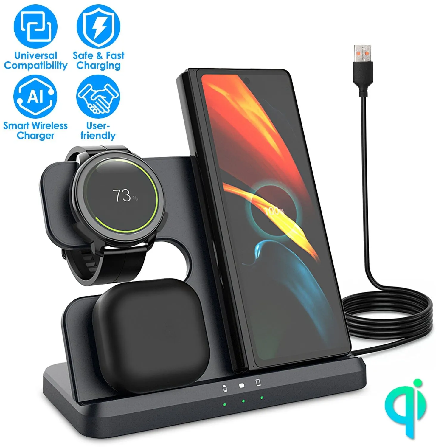 3-in-1 Fast Wireless Charger for Qi-enable Phones, Earphones and Watches