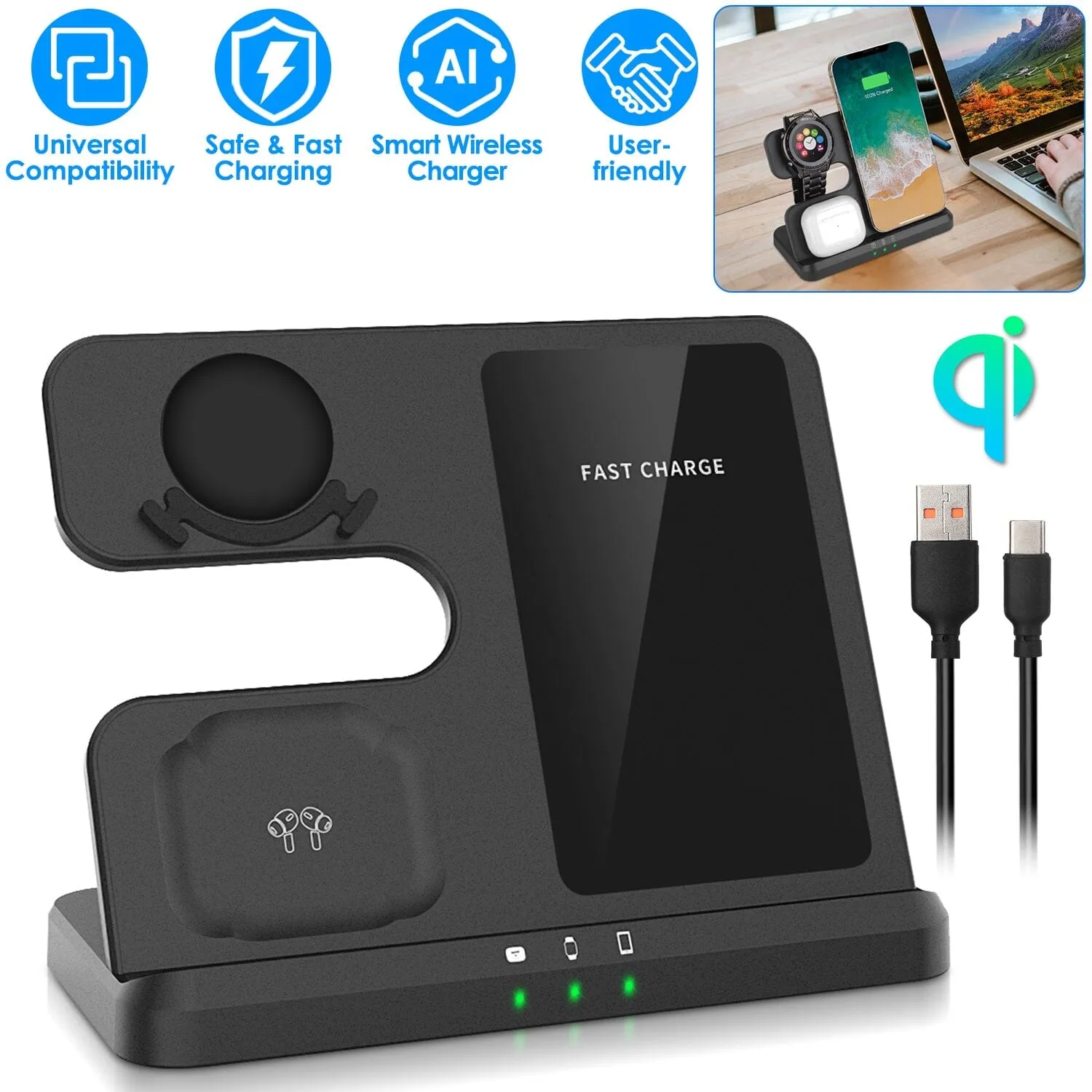 3-in-1 Fast Wireless Charger for Qi-enable Phones, Earphones and Watches