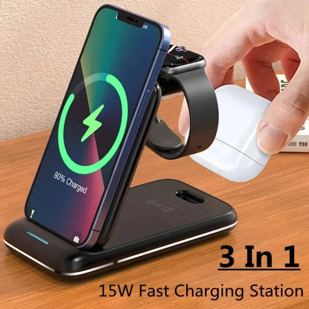 3-in-1 Foldable Wireless Charger Stand for iPhone, Apple Watch, AirPods Pro - 15W Fast Charging