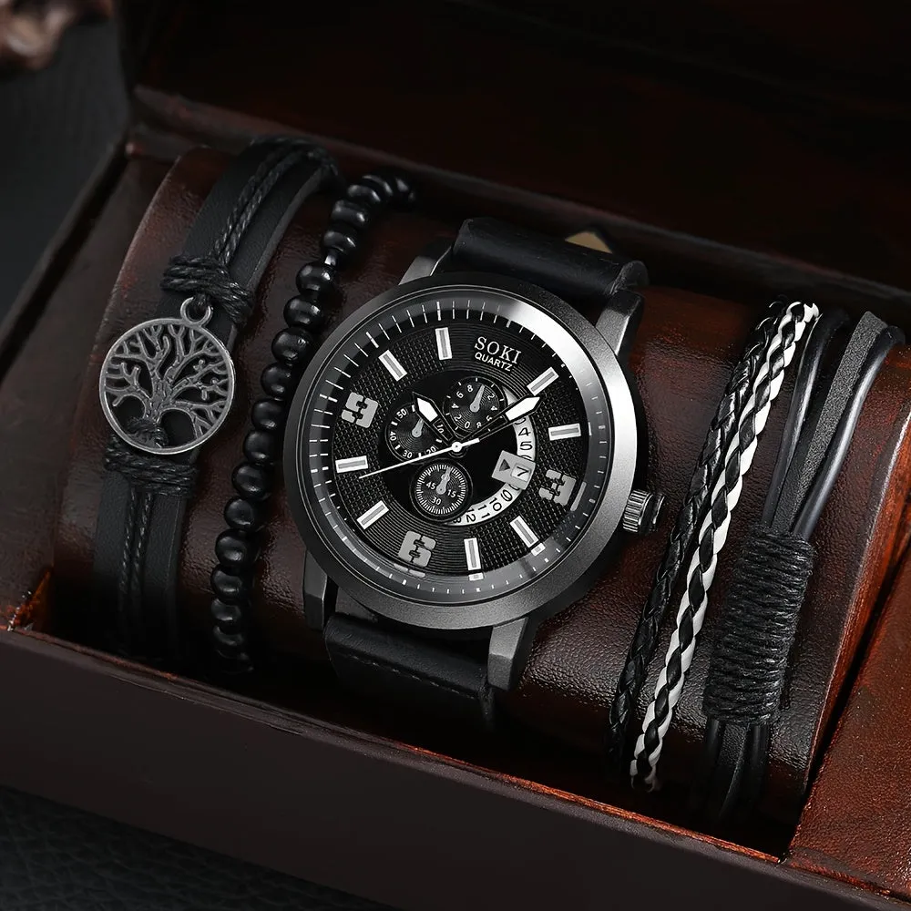 4Pcs Set Casual Leather Strap Quartz Men Watches