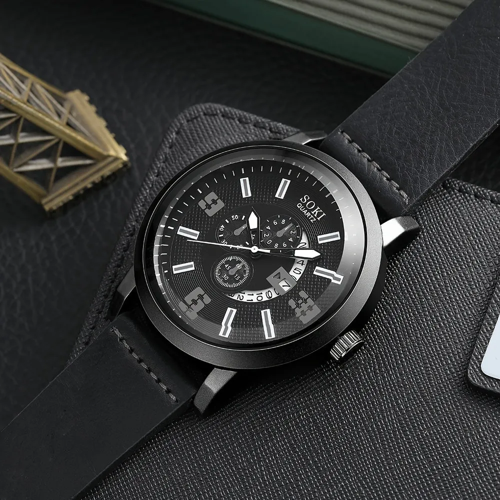4Pcs Set Casual Leather Strap Quartz Men Watches