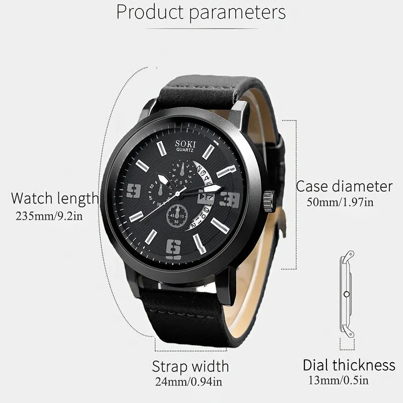 4Pcs Set Casual Leather Strap Quartz Men Watches
