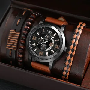4Pcs Set Casual Leather Strap Quartz Men Watches