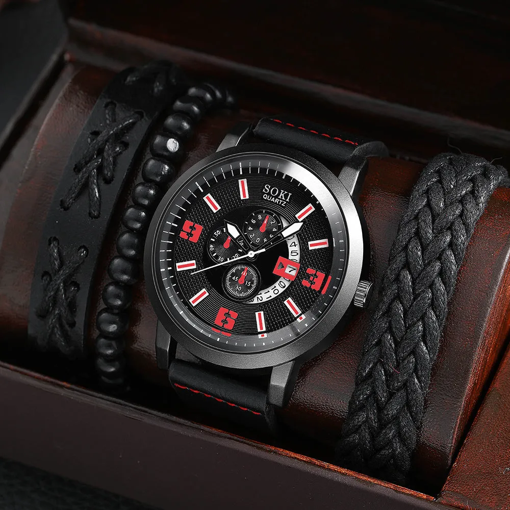 4Pcs Set Casual Leather Strap Quartz Men Watches