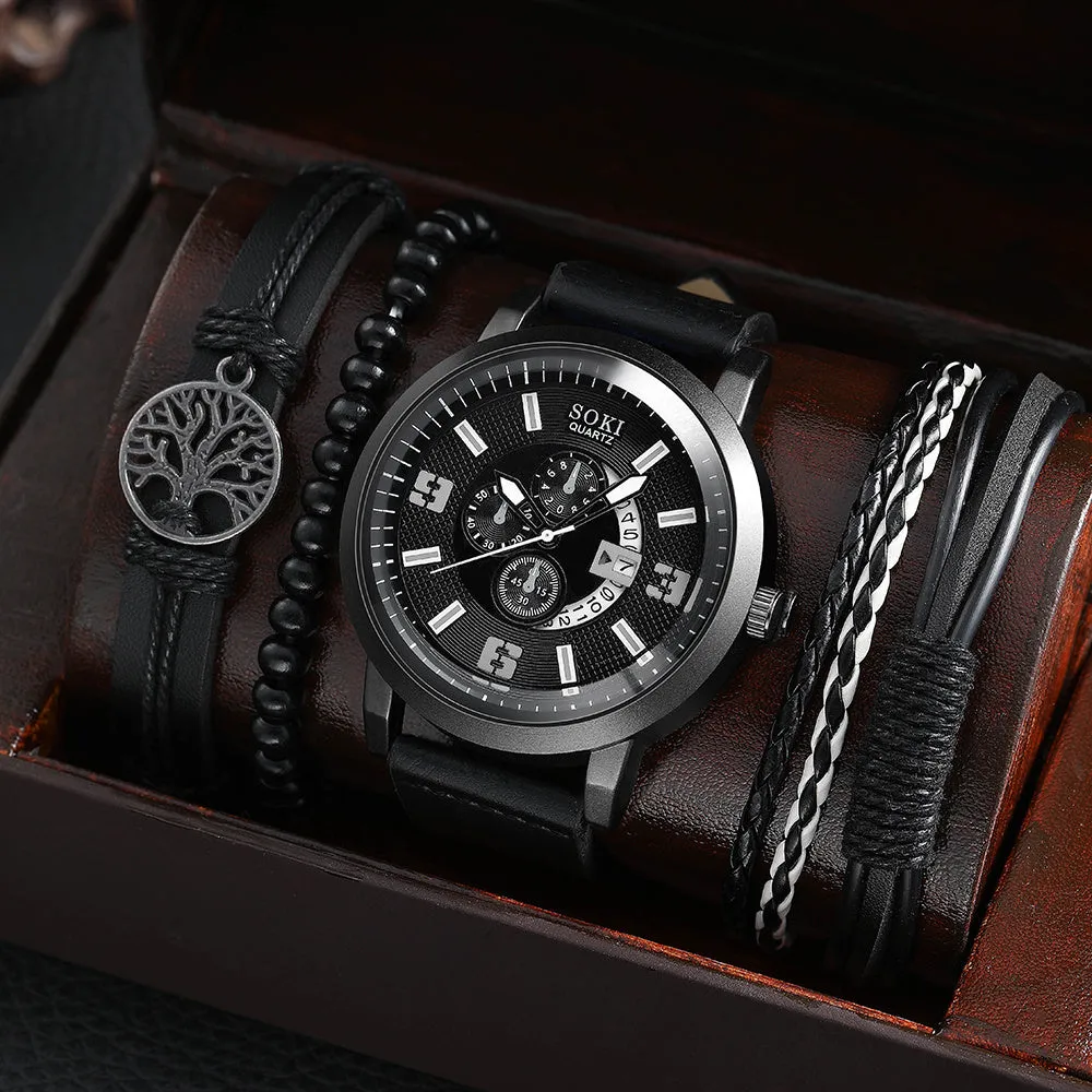 4Pcs Set Casual Leather Strap Quartz Men Watches