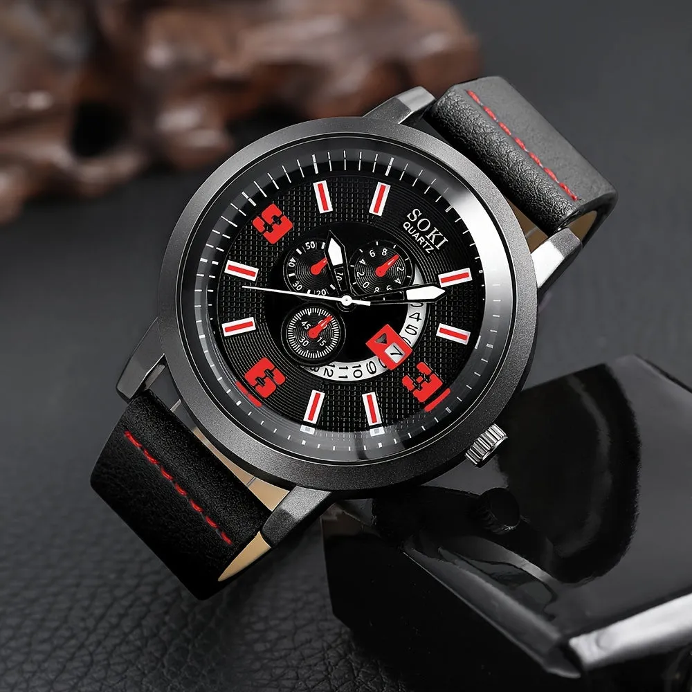 4Pcs Set Casual Leather Strap Quartz Men Watches