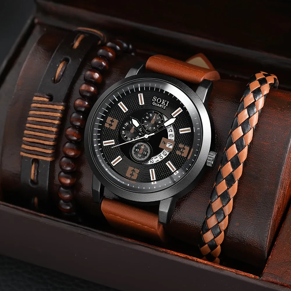 4Pcs Set Casual Leather Strap Quartz Men Watches