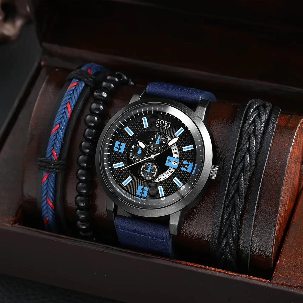 4Pcs Set Casual Leather Strap Quartz Men Watches