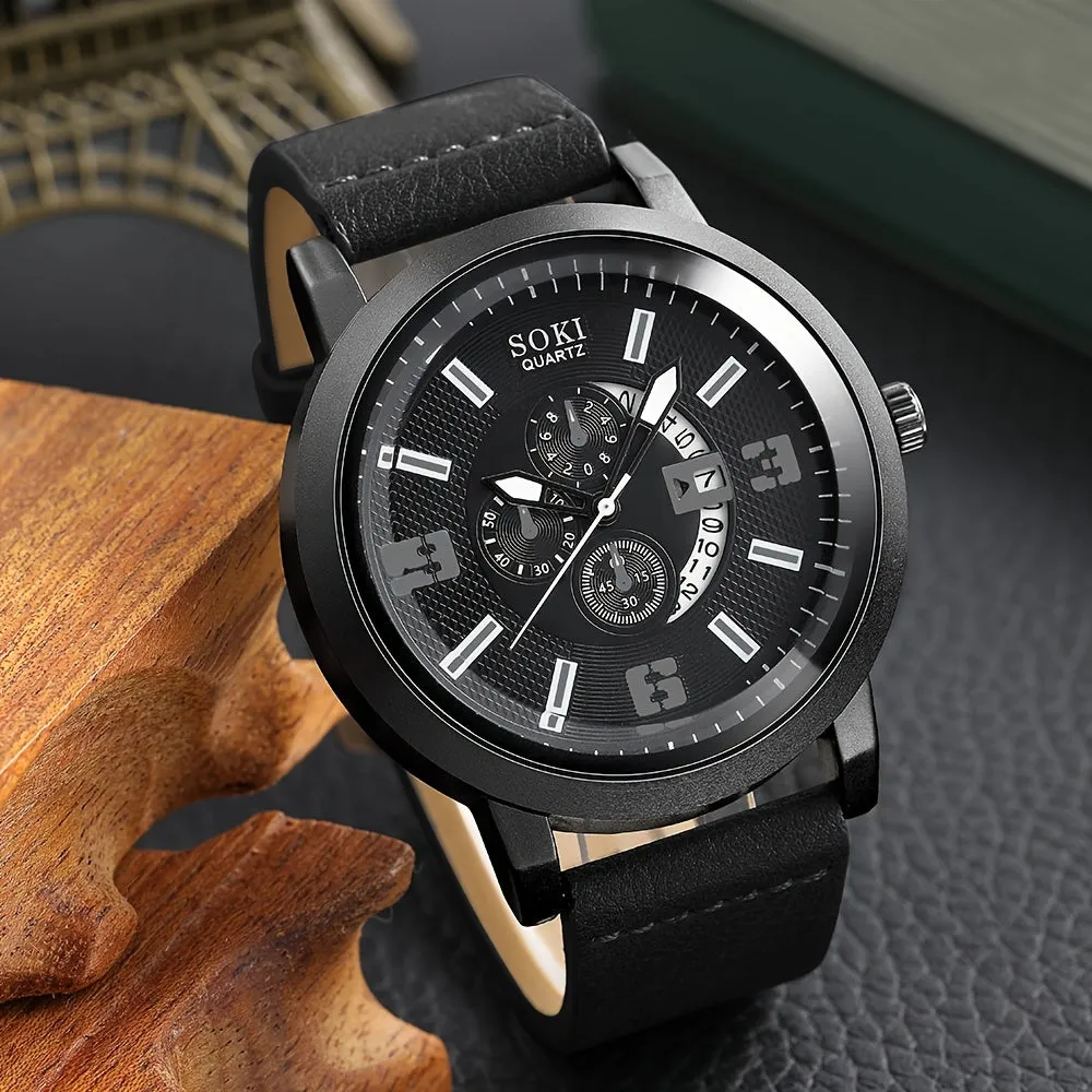 4Pcs Set Casual Leather Strap Quartz Men Watches