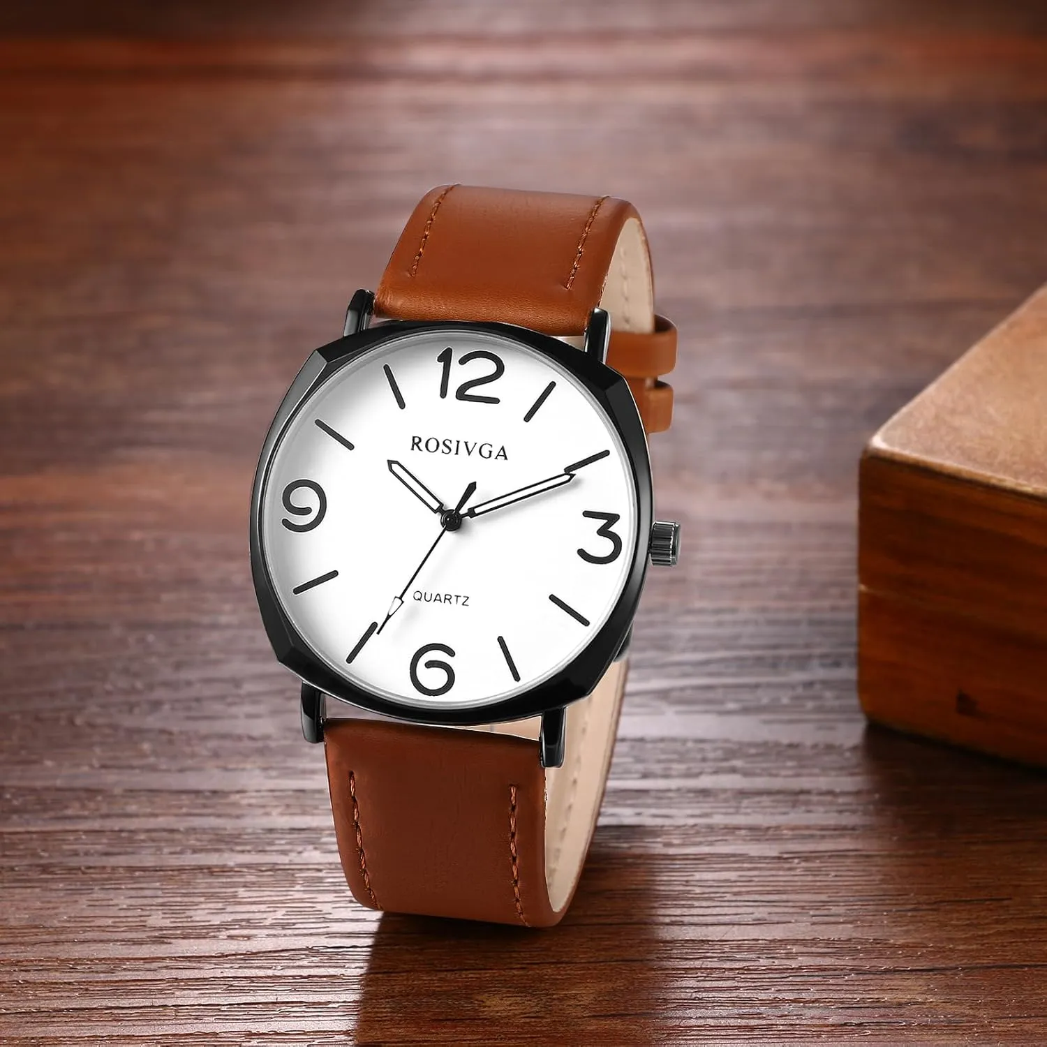 Avaner Men's Leather Strap Watches: Easy Reader Big Face Analog Quartz Large Dial Wrist Watches