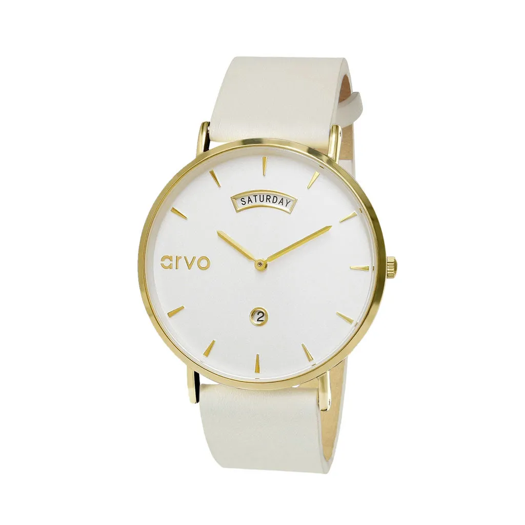 Awristacrat Watch - Gold - White Leather Band