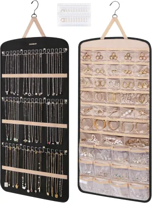 BAGSMART Hanging Jewelry Organizer, Necklace Holder Anti-tangle Earrings Rings Hanger with Pockets Hang on Closet, Wall, Door,1 Piece, Extra Large Black