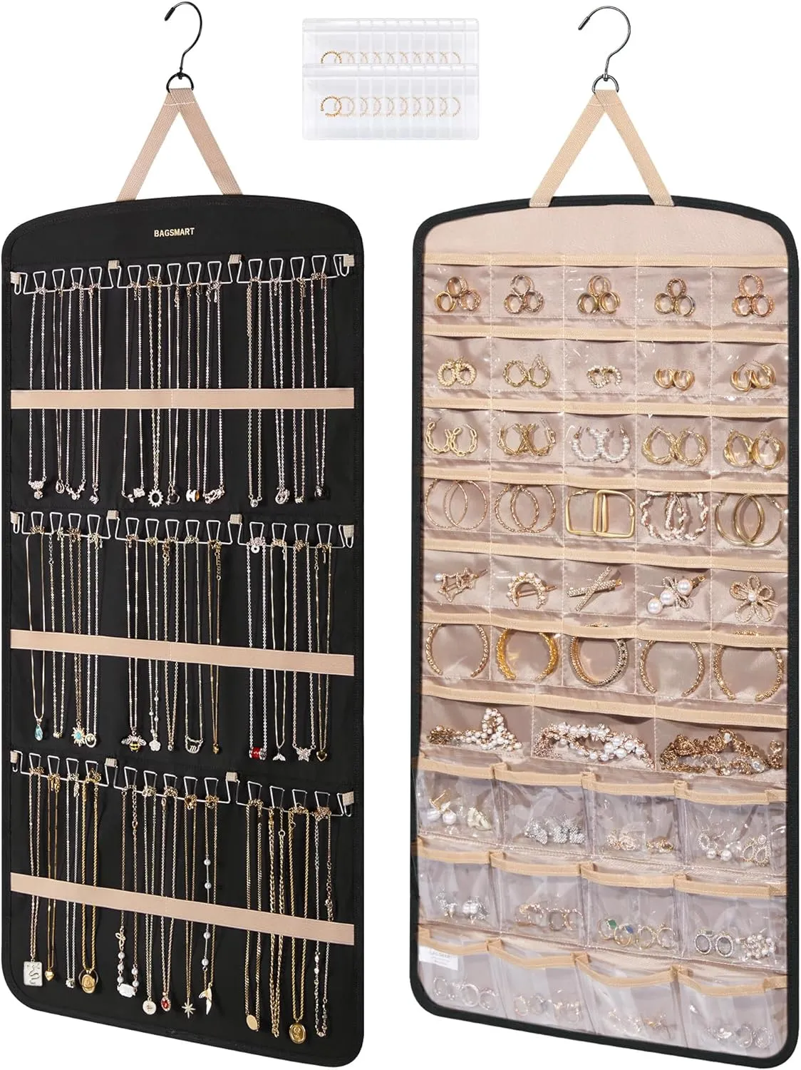 BAGSMART Hanging Jewelry Organizer, Necklace Holder Anti-tangle Earrings Rings Hanger with Pockets Hang on Closet, Wall, Door,1 Piece, Extra Large Black