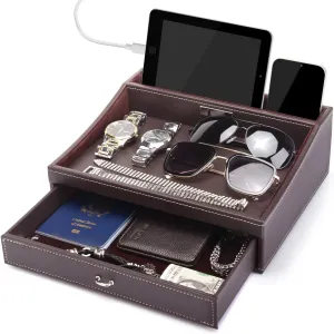 Baoyun Fathers Day Nightstand & Dresser Organizer, Mens Jewelry Box & Countertop Organizer, Large Capacity Leather Valet Tray for Phones, Pad, Wallet, Key, Birthday Gifts for Men