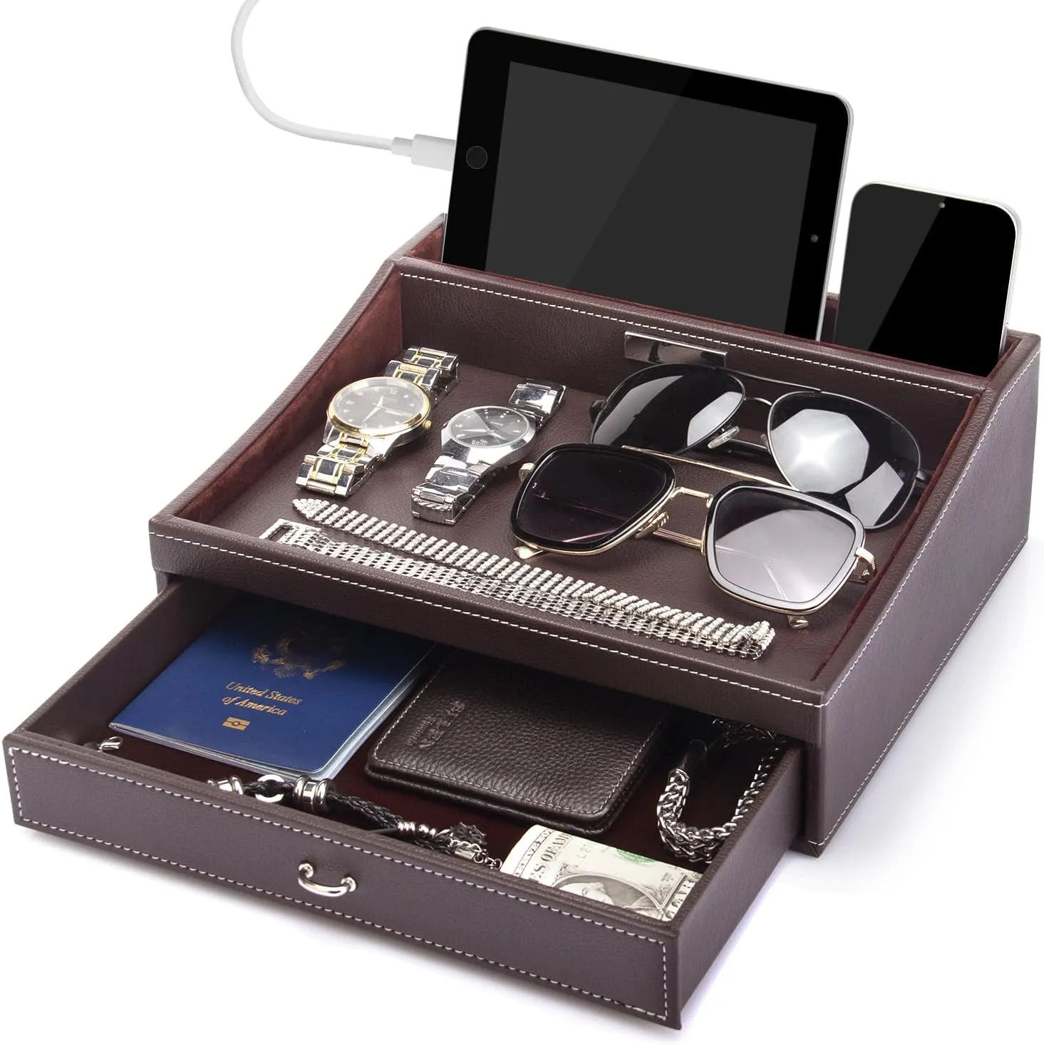 Baoyun Fathers Day Nightstand & Dresser Organizer, Mens Jewelry Box & Countertop Organizer, Large Capacity Leather Valet Tray for Phones, Pad, Wallet, Key, Birthday Gifts for Men