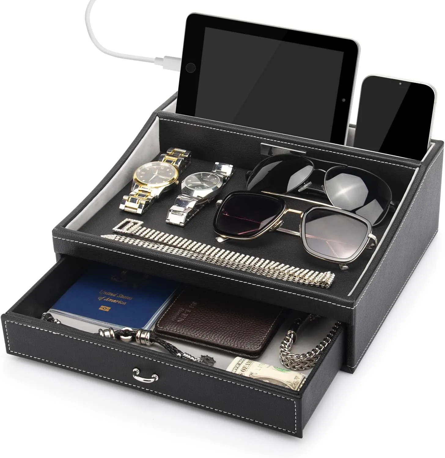 Baoyun Gifts for Dad Nightstand and Dresser Organizer, Large Capacity Leather Valet Tray for Phones, Pad, Wallet, Key - Birthday Gift for Men