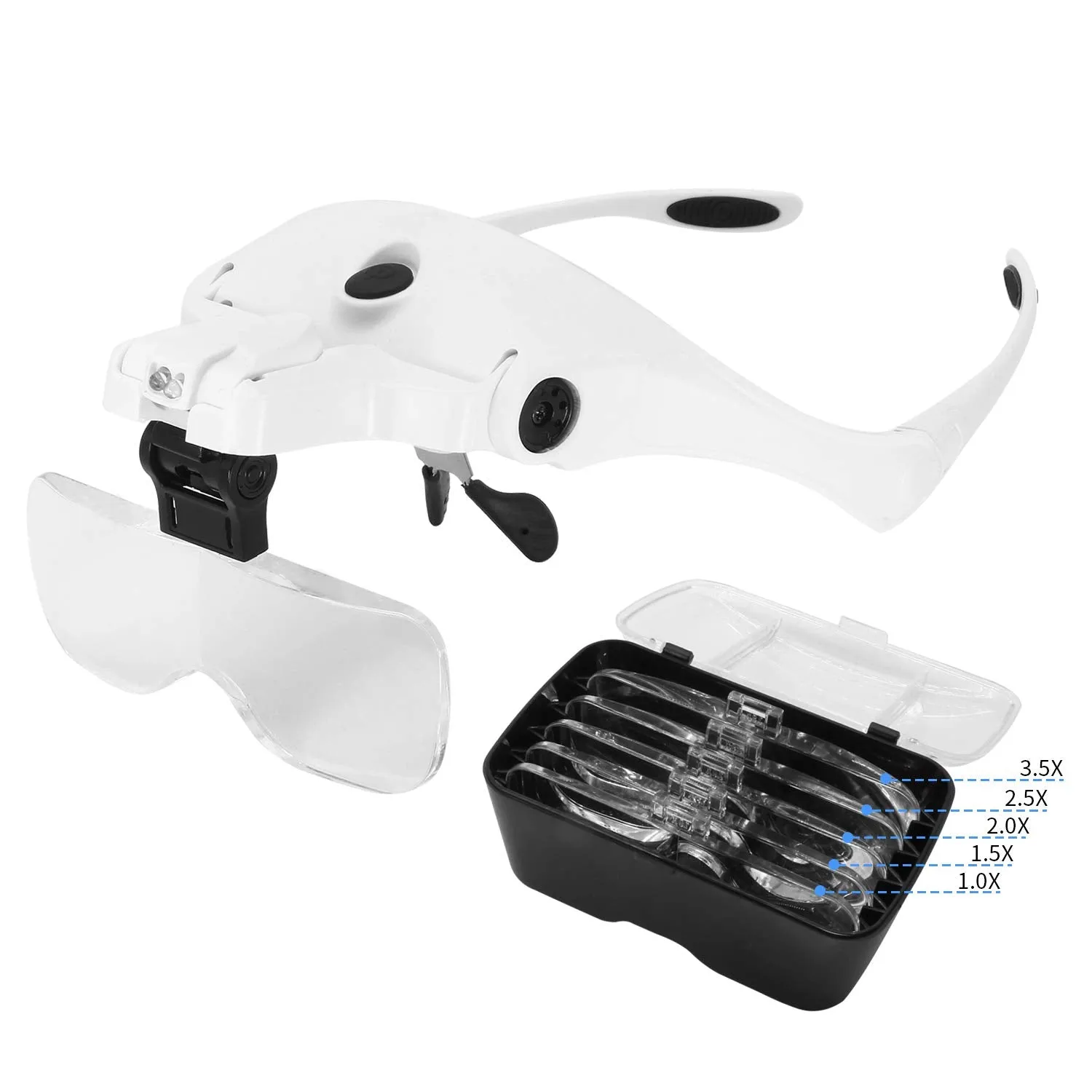 Beileshi LED Head Magnifer, Head-Mounted Magnifying Glass with 2 LED, 5 Lenses USB Charging Headband Magnifier for Closeup, Reading, Repair, Hobbies