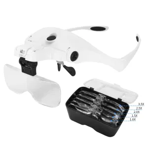 Beileshi LED Head Magnifer, Head-Mounted Magnifying Glass with 2 LED, 5 Lenses USB Charging Headband Magnifier for Closeup, Reading, Repair, Hobbies