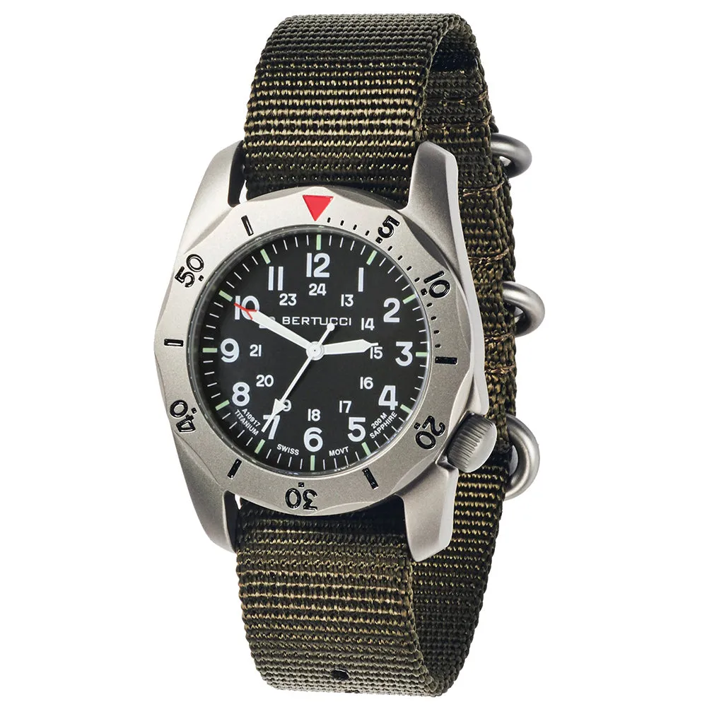 Bertucci A-2TR Vintage Mens Olive Titanium Nylon Band Black Quartz Dial Watch - 12115