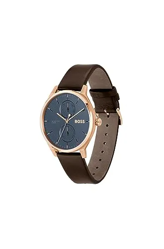 BOSS Tyler Qtz Multifunction Blue Round Dial Men's Watch|Brown Calfskin Material|Brown Color Band - 1514103