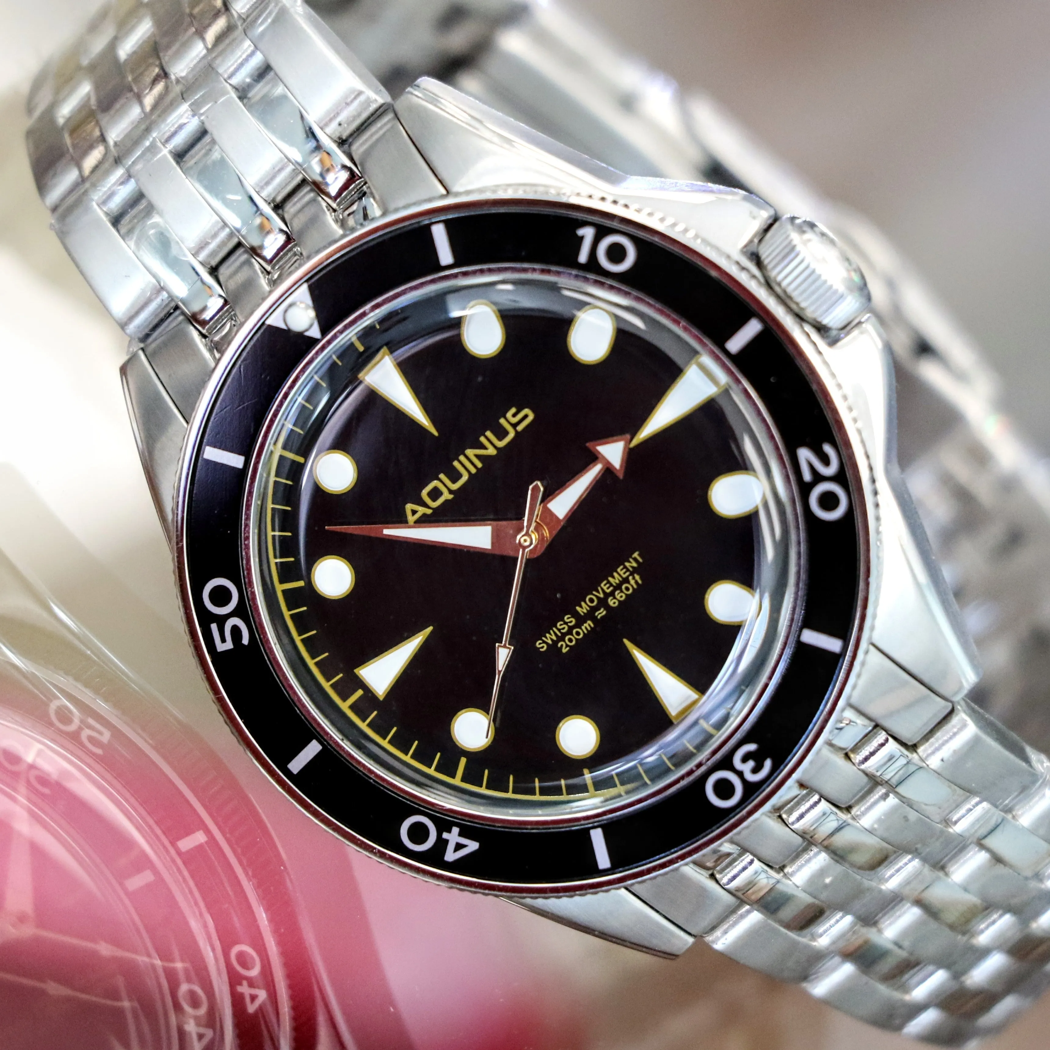 Brand-New! AQUINUS Marellio Dive Watch 200m Ref. ASSQR7BSBR001 Swiss Made Wristwatch ALL S.S.