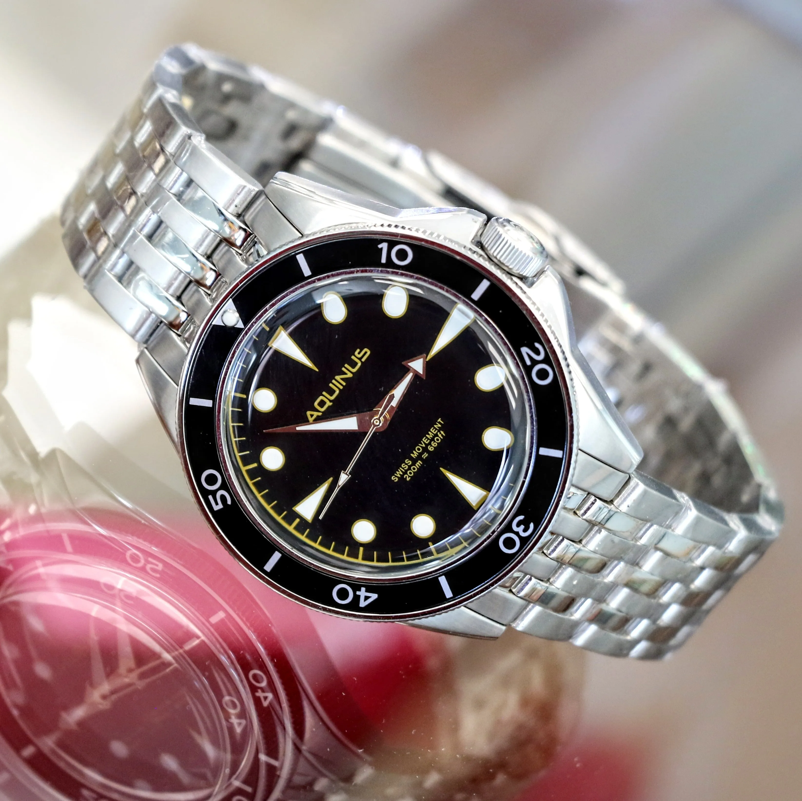 Brand-New! AQUINUS Marellio Dive Watch 200m Ref. ASSQR7BSBR001 Swiss Made Wristwatch ALL S.S.