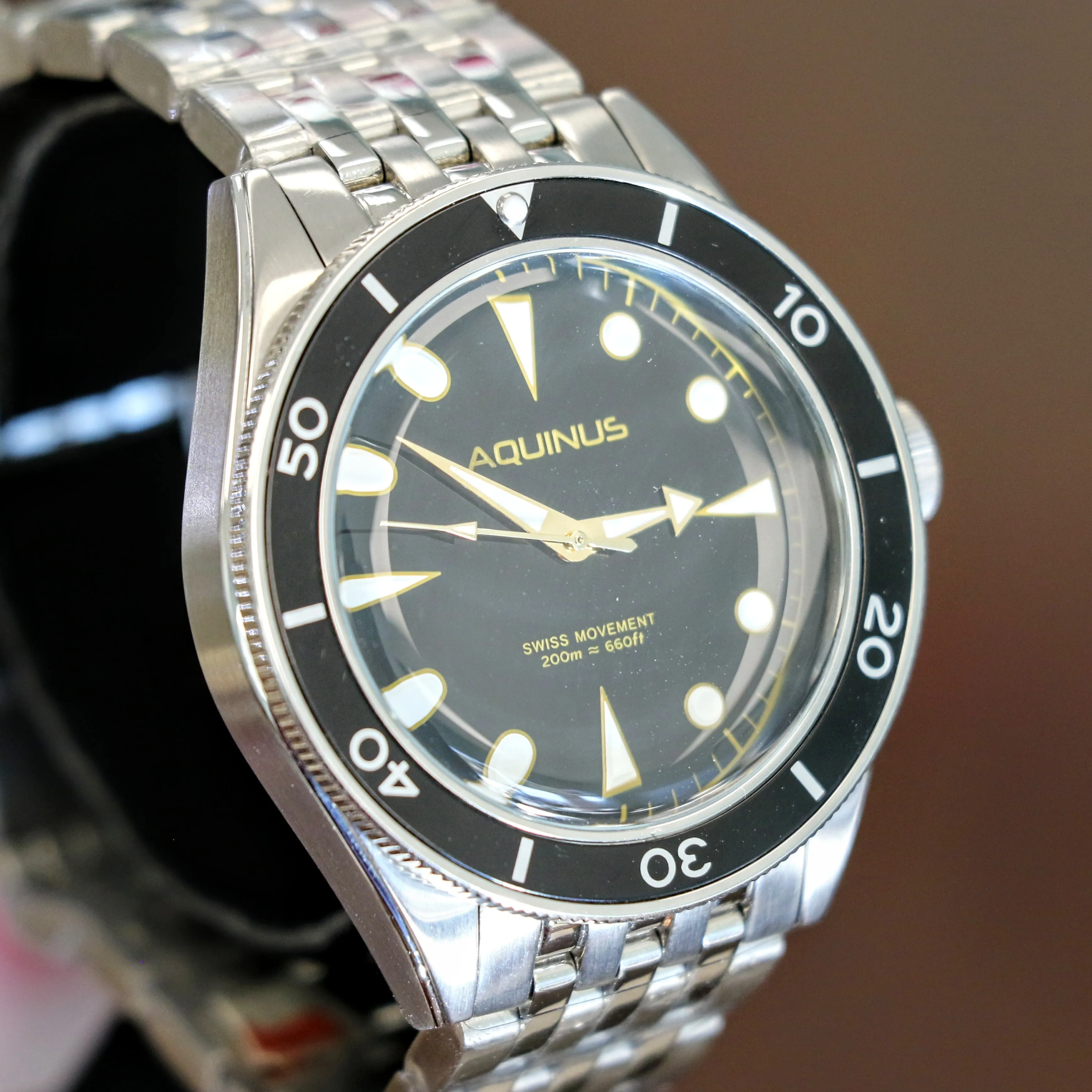 Brand-New! AQUINUS Marellio Dive Watch 200m Ref. ASSQR7BSBR001 Swiss Made Wristwatch ALL S.S.