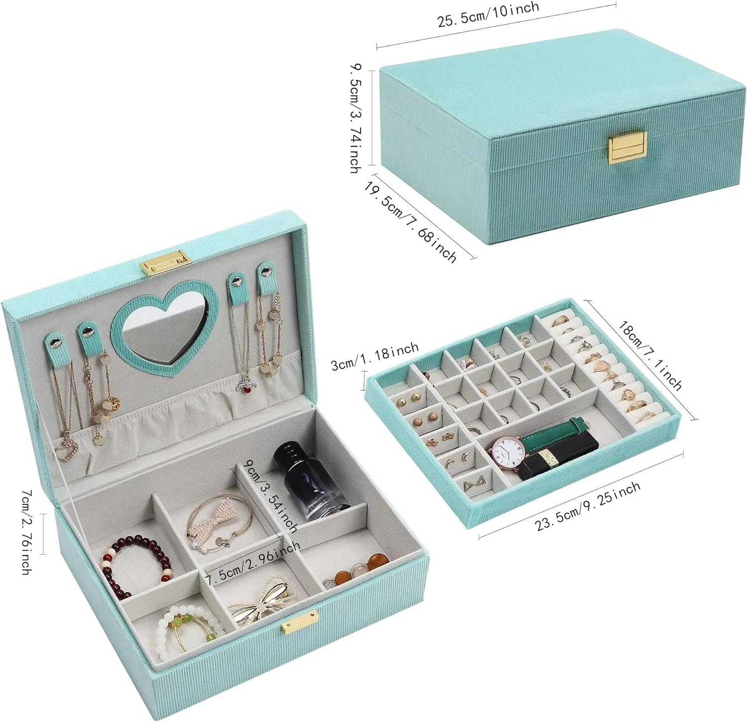 Dajasan Jewelry Boxes for Women Girls, Jewelry Organizer Box, 2-Layer Large Velvet Jewelry Box for Rings Necklaces Bracelets Watch Earring (Green)