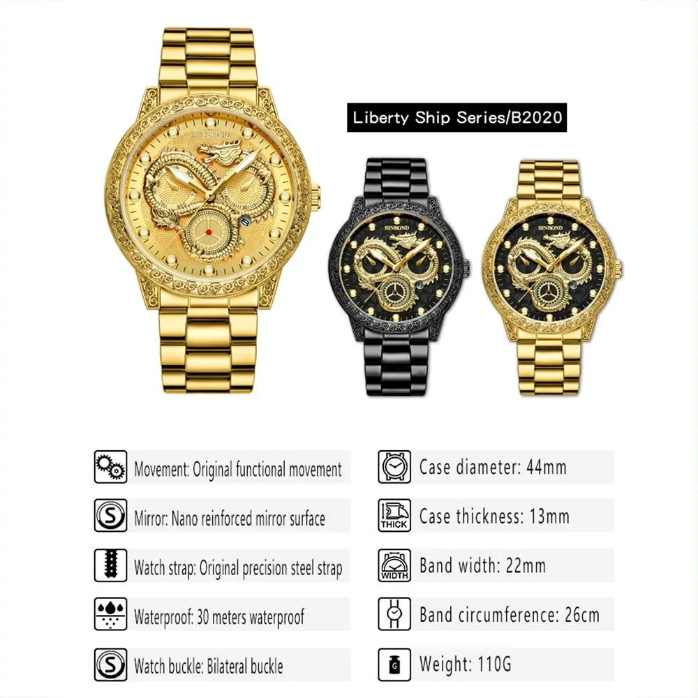 Dragon Embossed Luminous Waterproof Watch - Quartz