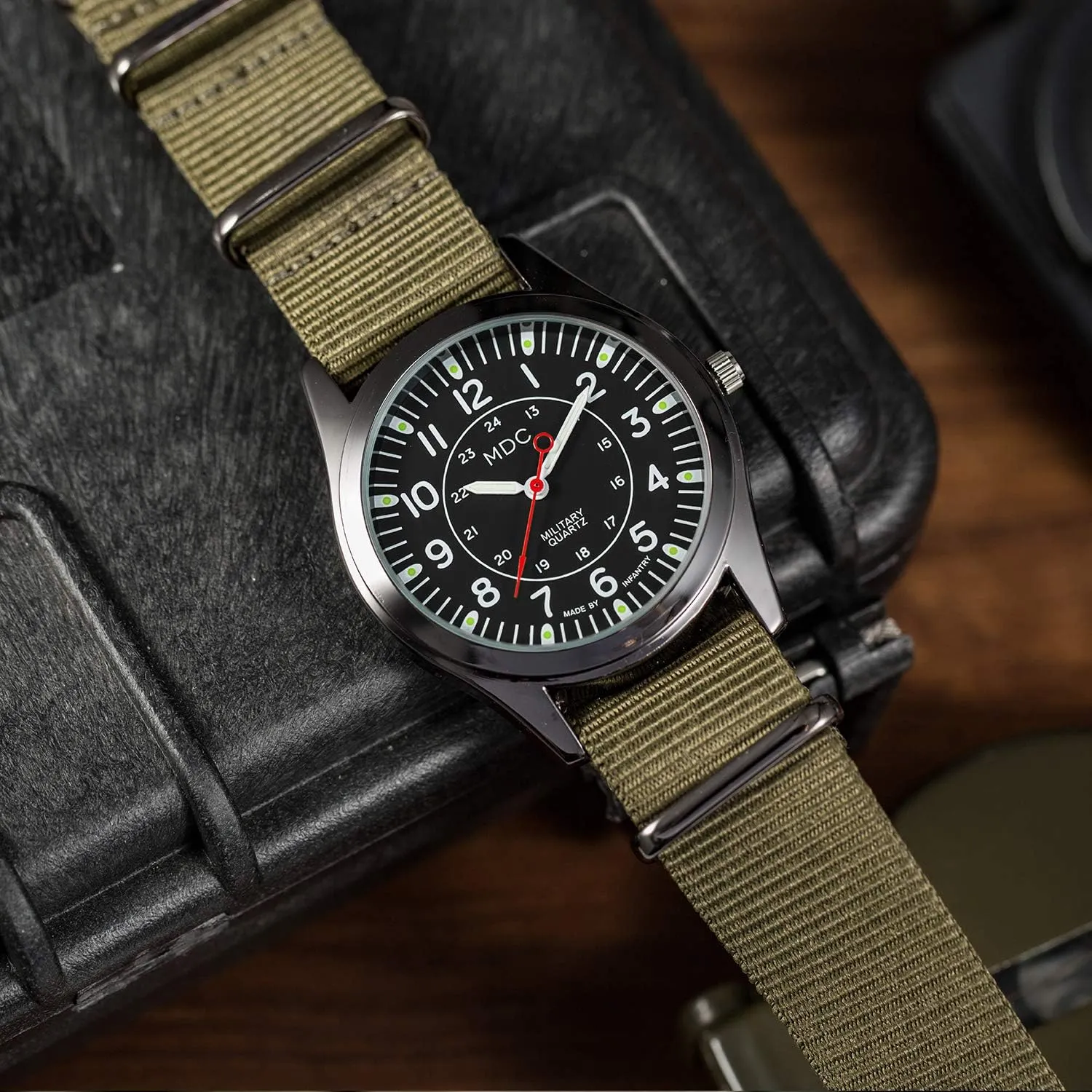 Infantry MDC Mens Analog Watch, 12/24 Hour Military Wrist Watches for Men Tactical, Army Field Wristwatch with Slip-Thru Nylon Band
