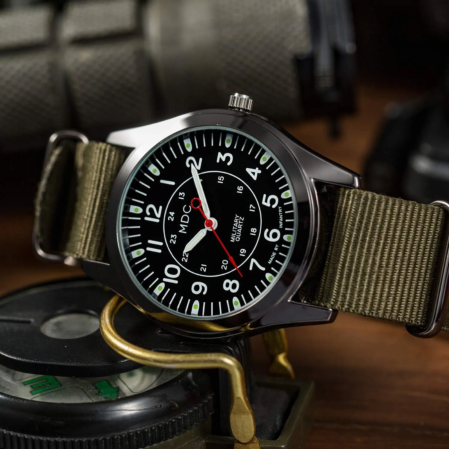 Infantry MDC Mens Analog Watch, 12/24 Hour Military Wrist Watches for Men Tactical, Army Field Wristwatch with Slip-Thru Nylon Band