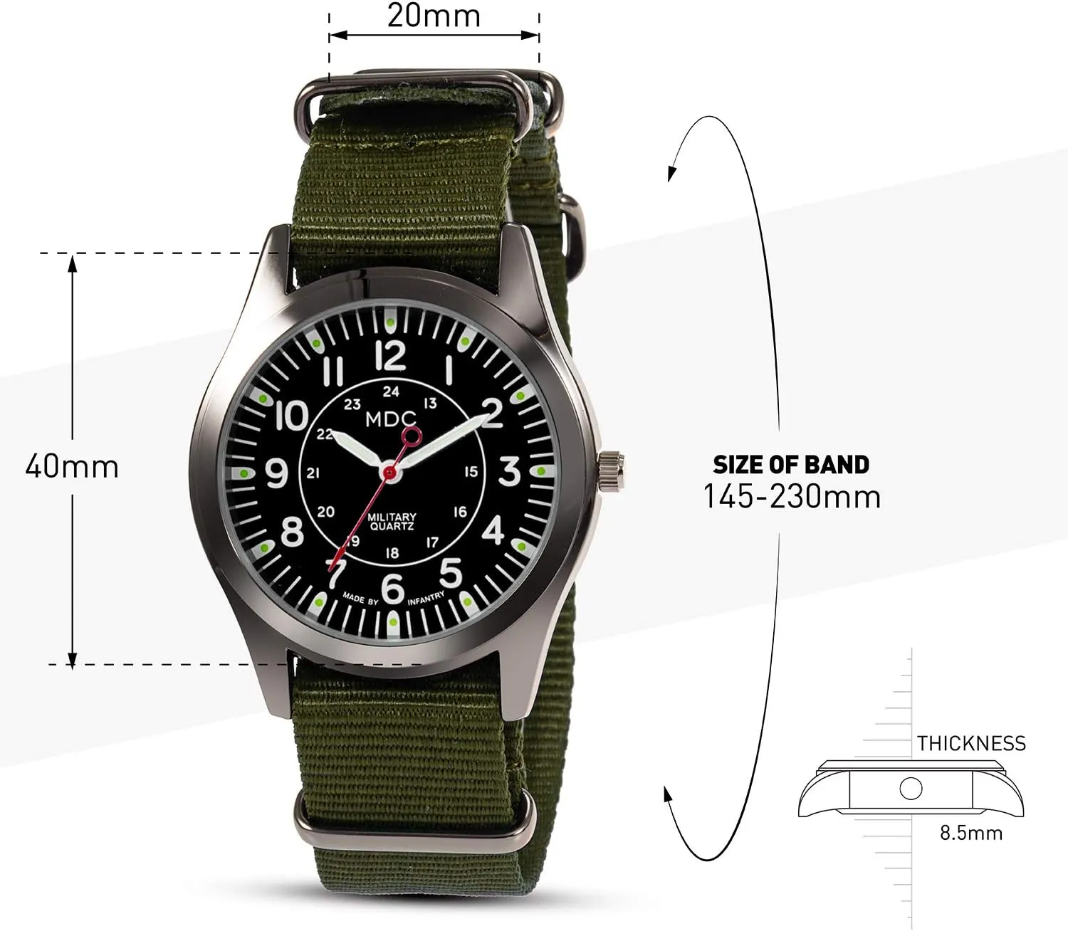 Infantry MDC Mens Analog Watch, 12/24 Hour Military Wrist Watches for Men Tactical, Army Field Wristwatch with Slip-Thru Nylon Band