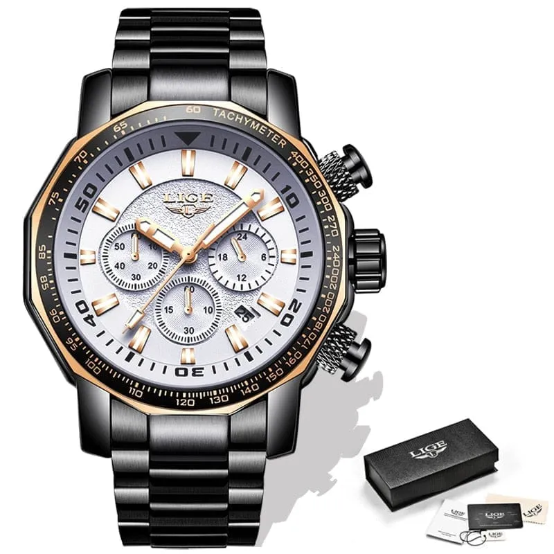 LIGE Fashion Brand Men Watch Chronograph Full Steel Business Quartz Clock  Watch