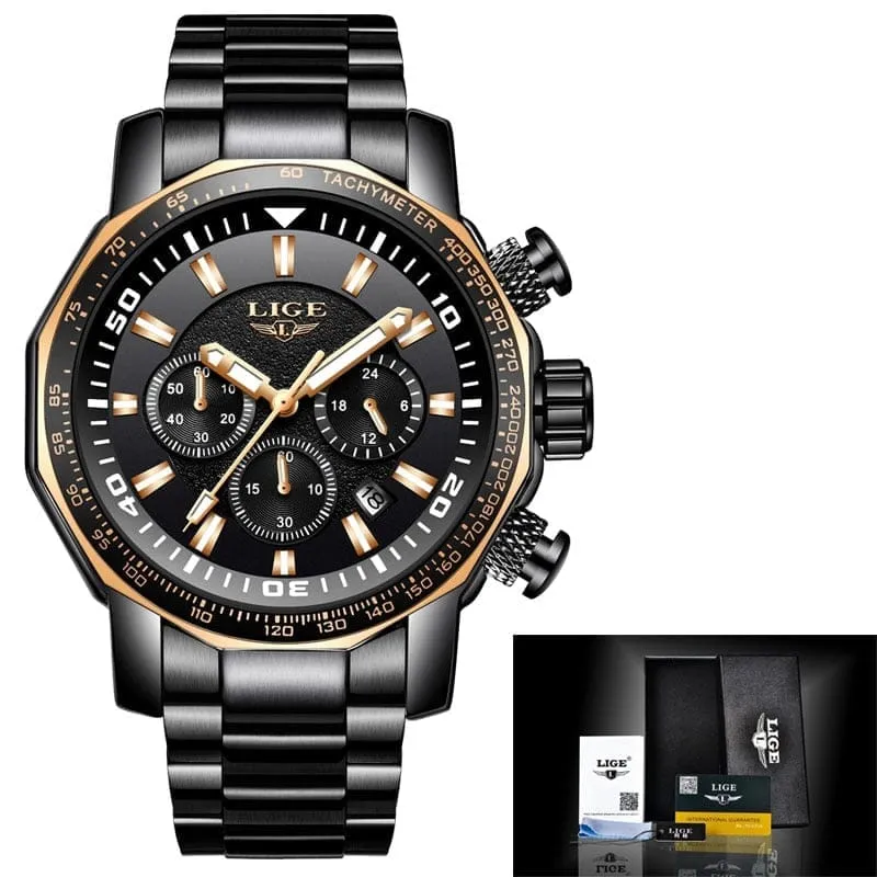 LIGE Fashion Brand Men Watch Chronograph Full Steel Business Quartz Clock  Watch