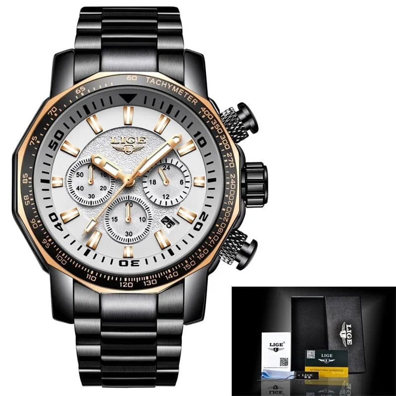 LIGE Fashion Brand Men Watch Chronograph Full Steel Business Quartz Clock  Watch