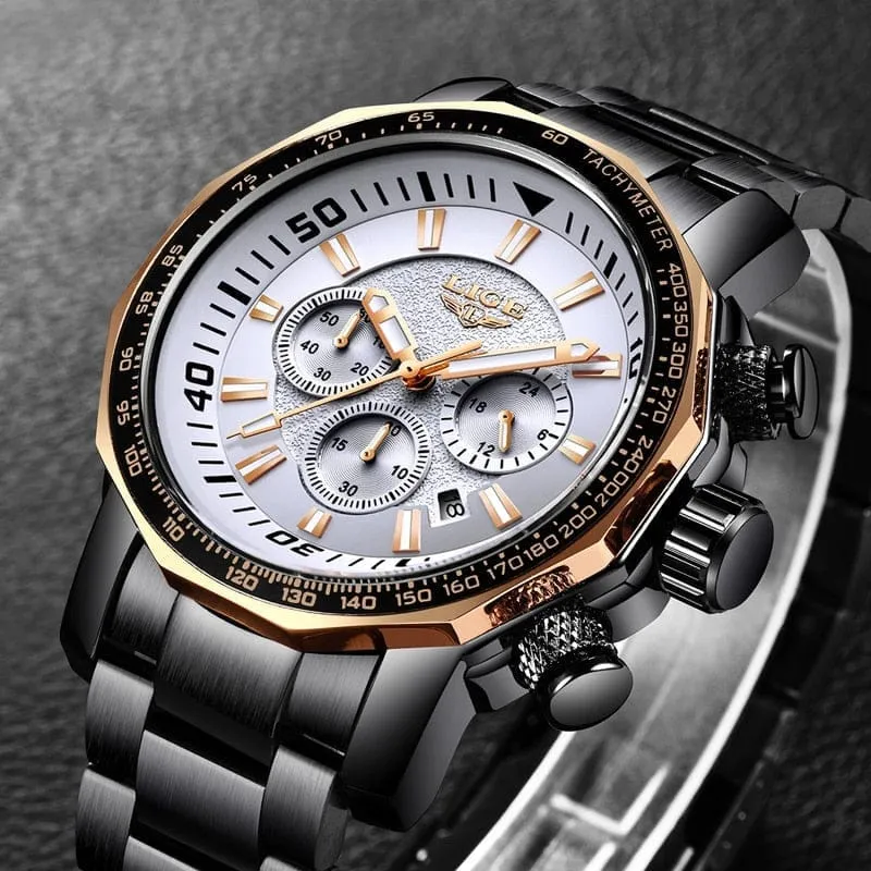 LIGE Fashion Brand Men Watch Chronograph Full Steel Business Quartz Clock  Watch