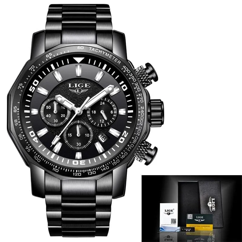 LIGE Fashion Brand Men Watch Chronograph Full Steel Business Quartz Clock  Watch