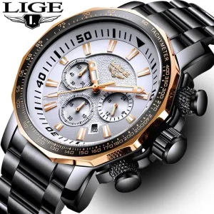 LIGE Fashion Brand Men Watch Chronograph Full Steel Business Quartz Clock  Watch