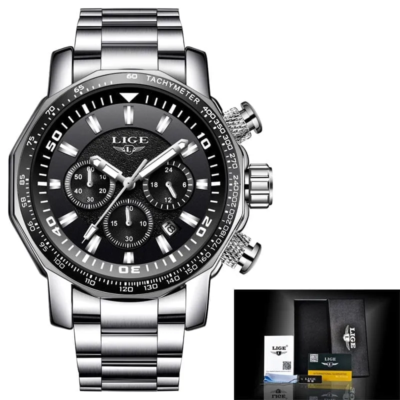 LIGE Fashion Brand Men Watch Chronograph Full Steel Business Quartz Clock  Watch