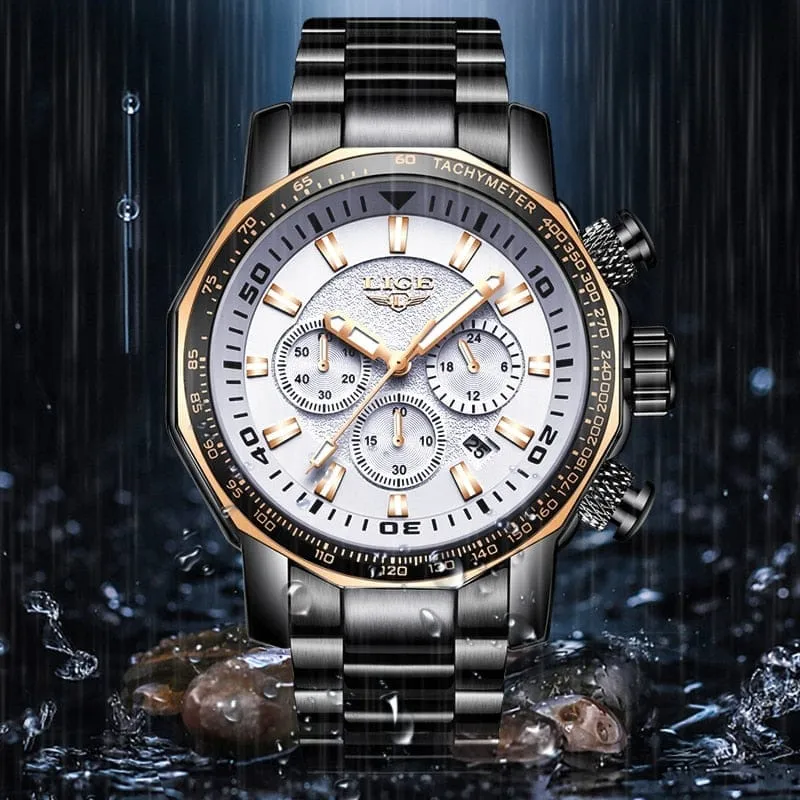 LIGE Fashion Brand Men Watch Chronograph Full Steel Business Quartz Clock  Watch
