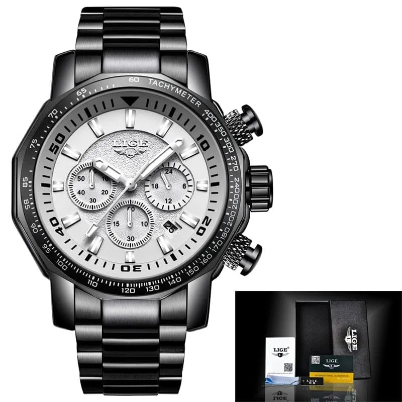 LIGE Fashion Brand Men Watch Chronograph Full Steel Business Quartz Clock  Watch