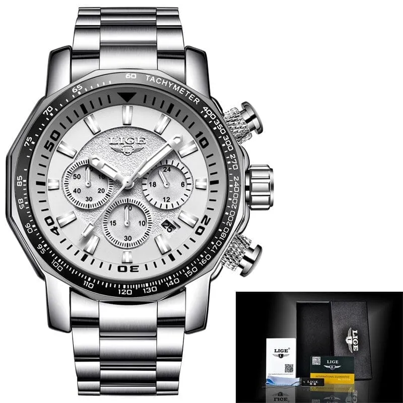 LIGE Fashion Brand Men Watch Chronograph Full Steel Business Quartz Clock  Watch