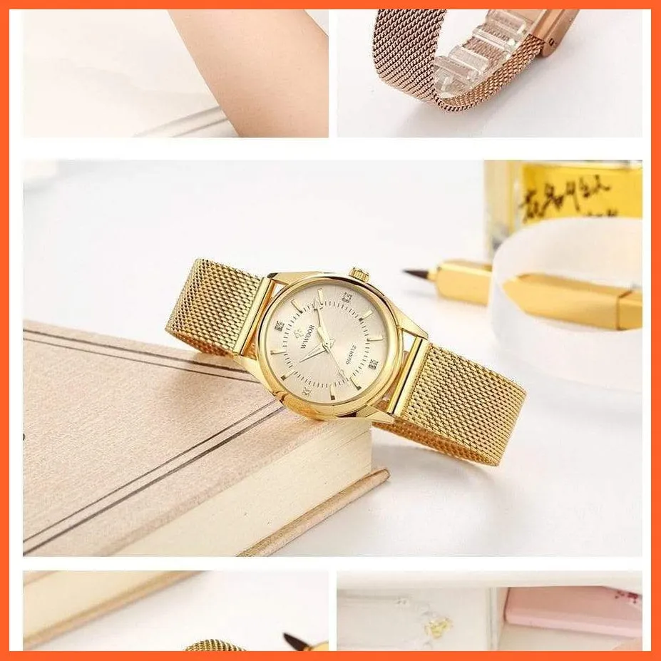 Luxury Brand Dress Gold Watch Ladies Elegant Diamond Small Quartz Wrist Watches For Women Steel Mesh Wrist Watch