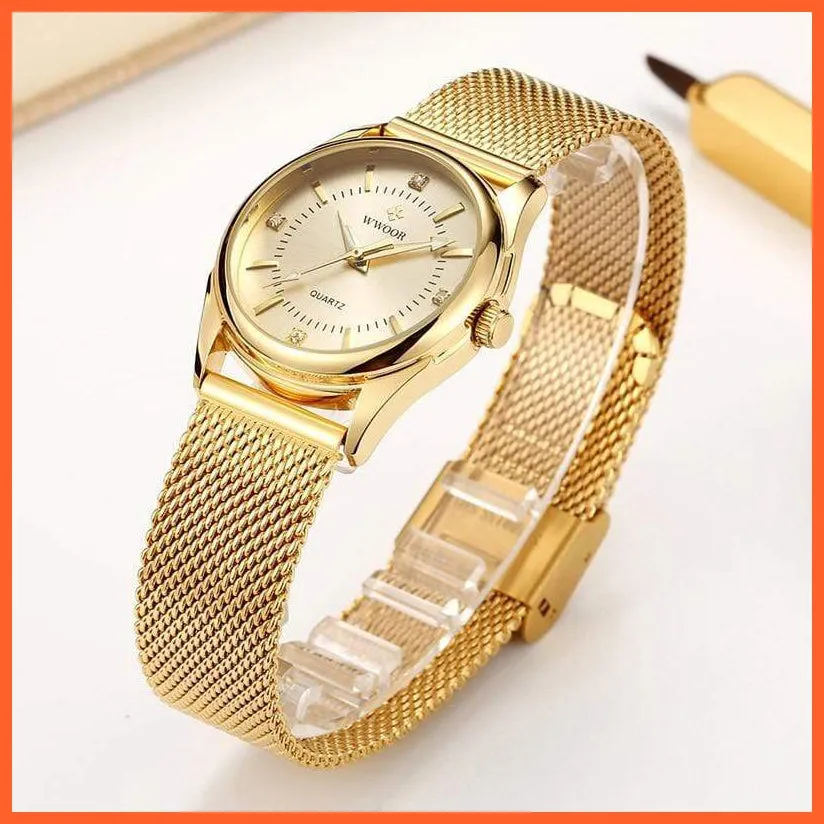Luxury Brand Dress Gold Watch Ladies Elegant Diamond Small Quartz Wrist Watches For Women Steel Mesh Wrist Watch